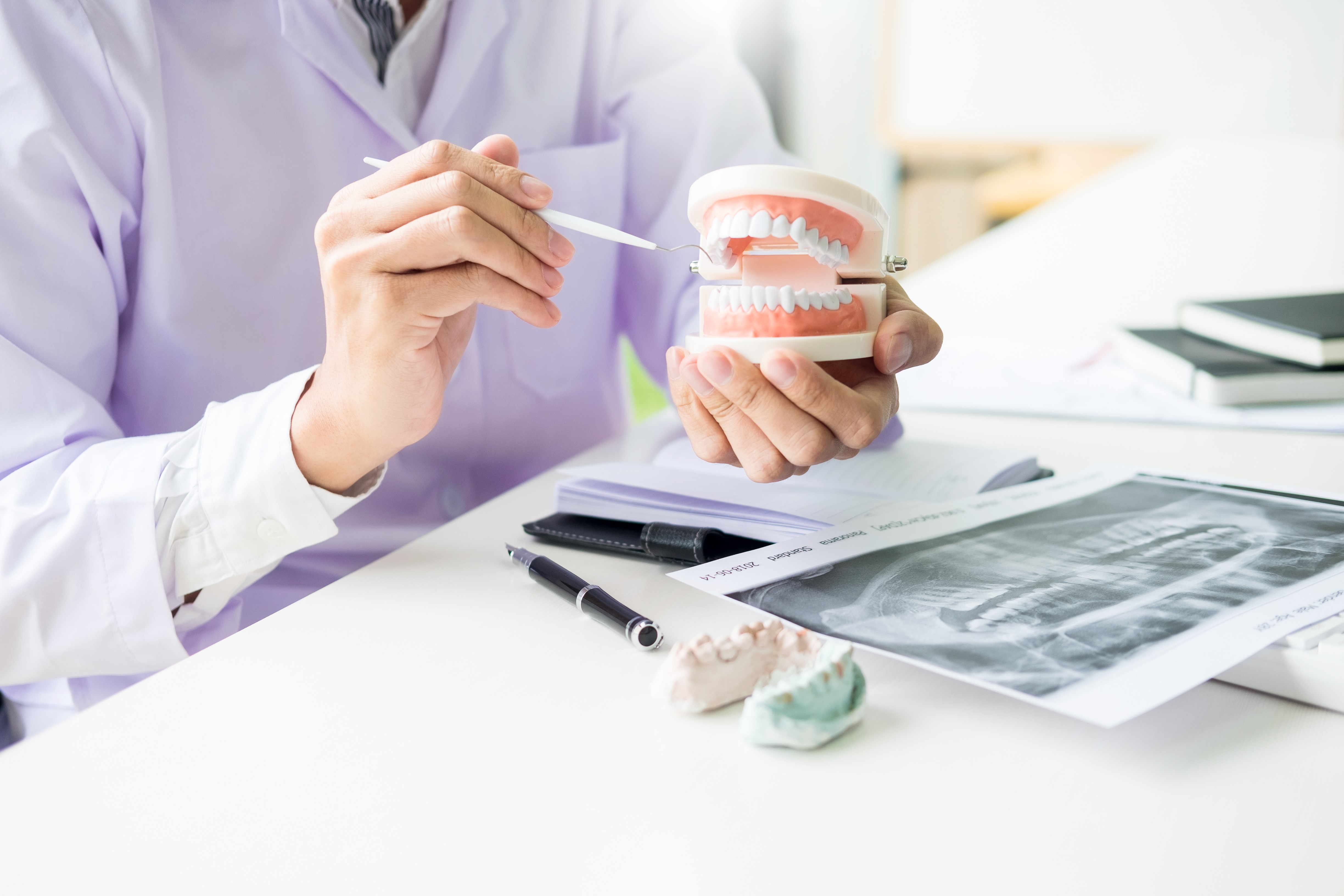 歯科医師に説明を受ける親子